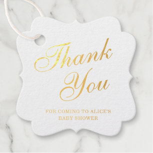 Étiquette-cadeau Merci Élégant Script Gold Baby shower à huile