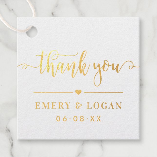 Étiquette-cadeau Merci Script Mariage Monogramme Or (Devant)