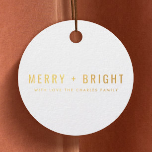 Étiquette-cadeau Merry and Bright Stylish Gold and White Christmas