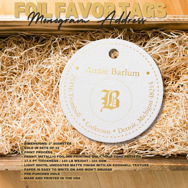 Étiquette-cadeau Monogramme Adresse Cercle pointillé (Birthday Depot
Monogram Address Dotted Circle Foil Favor Tags)