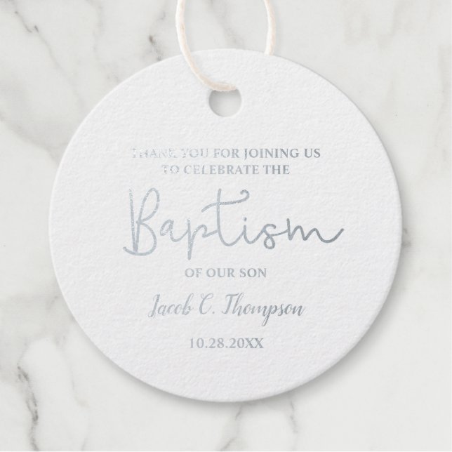 Étiquette-cadeau Nom personnalisé Baby Boy Modern Script baptism (Devant)