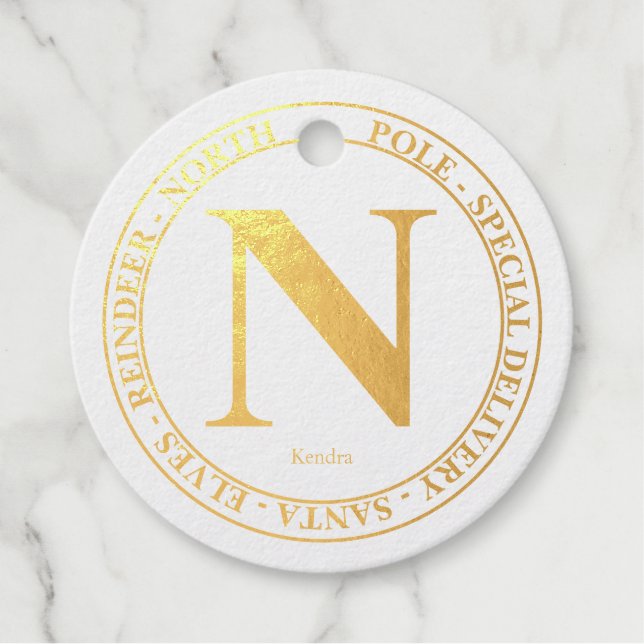 Étiquette-cadeau North Pôle Père Noël Nom de livraison Modern Gold  (Devant)