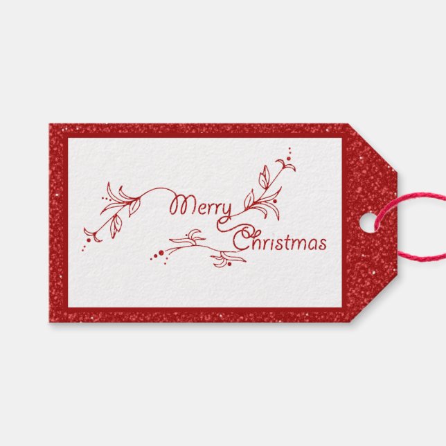 Étiquette cadeau paillettes rouges Joyeux Noël (Devant (Horizontal))