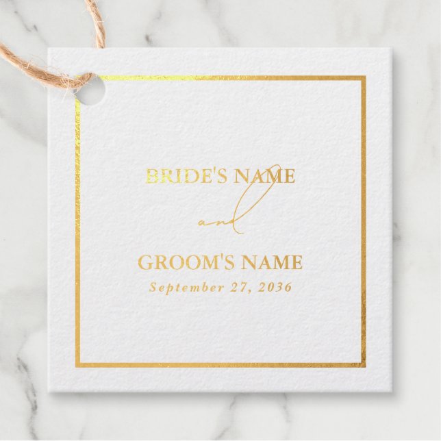 Étiquette-cadeau Papier alu doré moderne Mariage blanc et or (Devant)
