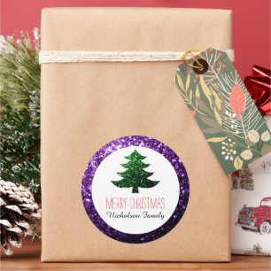 Étiquette cadeau sapin de Noël vert violet foncé s