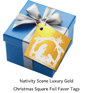 Étiquette-cadeau Scène de Nativité Luxe Or Carré de Noël