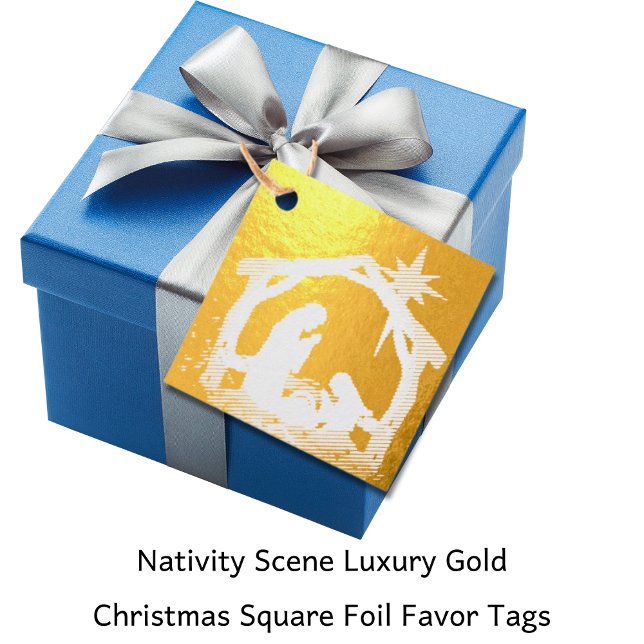 Étiquette-cadeau Scène de Nativité Luxe Or Carré de Noël (Nativity Scene Luxury Gold Christmas Square Foil Favor Tags)
