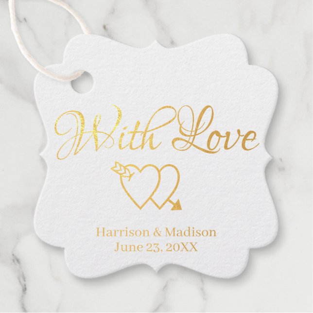 Étiquette-cadeau Script or personnalisé coeurs cadeau Mariage (Devant)