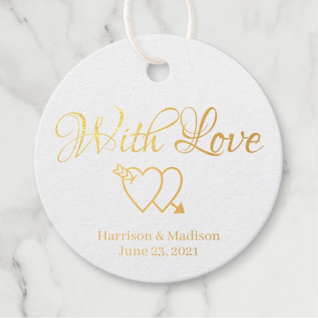 Étiquette-cadeau Script or personnalisé coeurs cadeau Mariage (Devant)