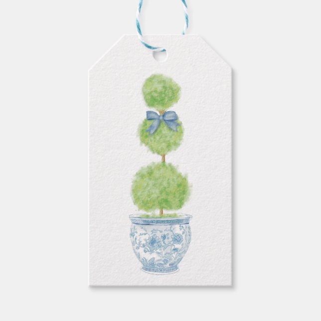 Étiquette cadeau topiaire à ruban bleu en chinoise (Devant)