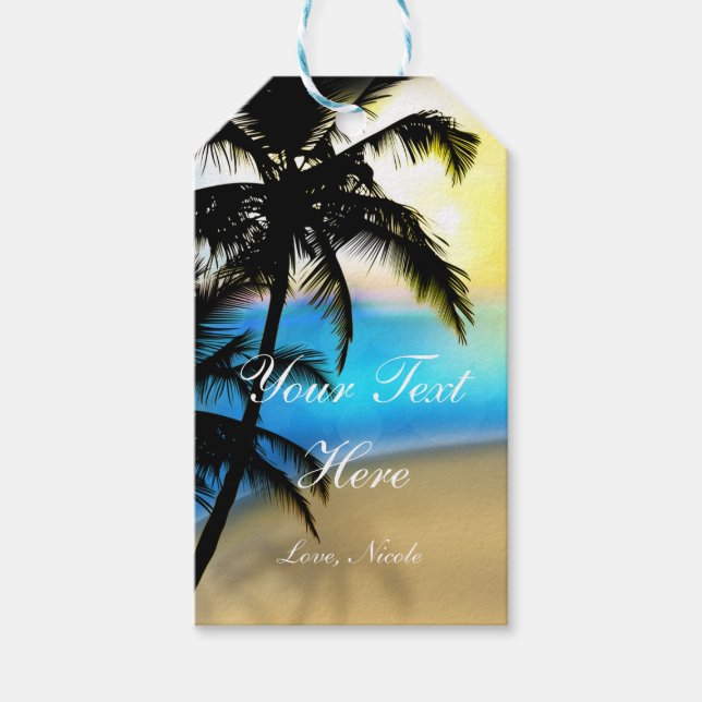 Étiquette cadeau tropicale plage de jour et palmie (Devant)