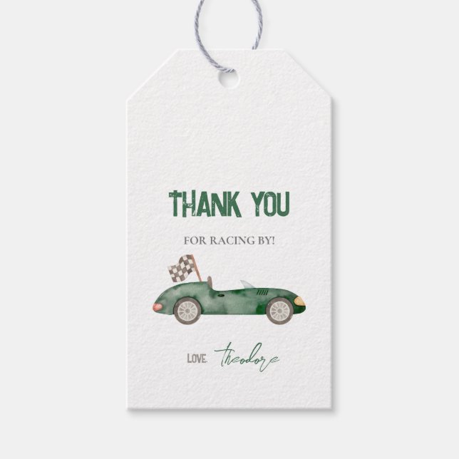 Étiquette cadeau voiture de course rétro verte (Devant)