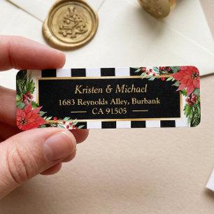 Étiquette Cadre classique de Noël Poinsettia Floral Or