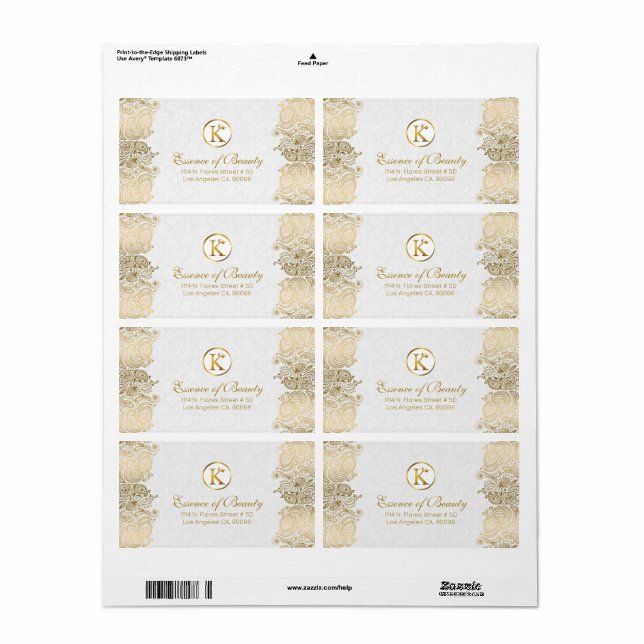 Étiquette Cadre en dentelle Paisley blanc et or (Feuille entière)