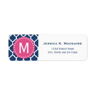 Étiquette Cadre Monogramme rose en treillis bleu marocain