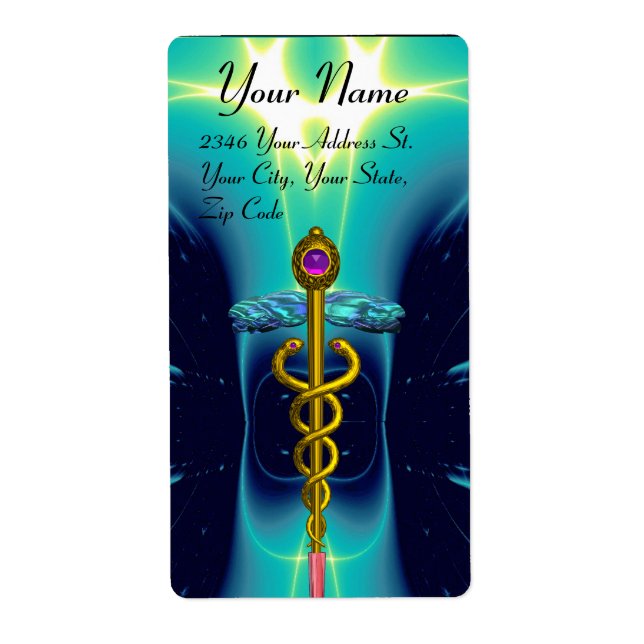 Étiquette CADUCUS, améthyste or vibrant, turquase bleue (Devant)