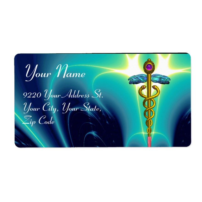 Étiquette CADUCUS D'OR, améthyste vibrant, bleu aqua, turquo (Devant)