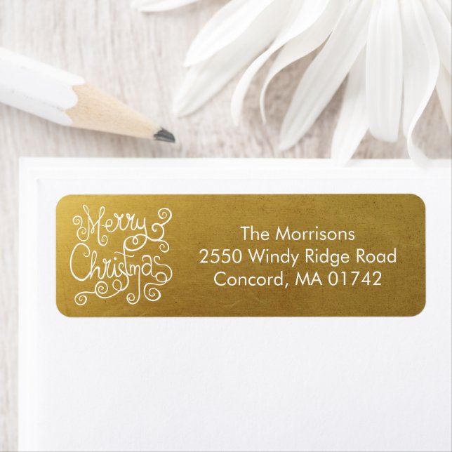 Étiquette Calligraphie de Noël Whimsical Moderne Swirl Gold (En situation)