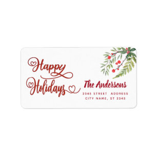 Étiquette Calligraphy Happy Holidays botanical holly  Label