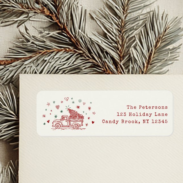 Étiquette Camion de Noël Whimsical Retro Rouge et Vert (Créateur téléchargé)