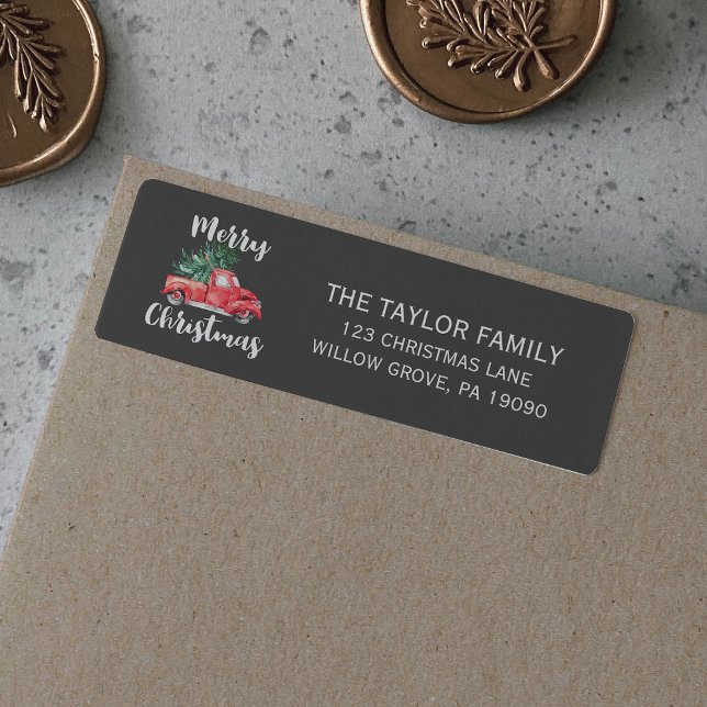 Étiquette Camion rouge et arbre | Gray Joyeux Noël (Créateur téléchargé)