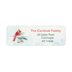Étiquette Cardinal Bird Pine Bells Snow Return Address Label