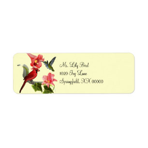 Étiquette Cardinal et Colibri avec Lys roses et Ivy