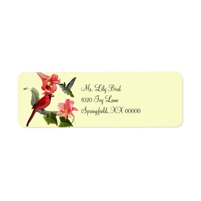 Étiquette Cardinal et Colibri avec Lys roses et Ivy (Devant)