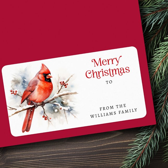 Étiquette Cardinal rouge sur la branche d'hiver Joyeux cadea (Red cardinal on winter branch Merry Christmas gift Label)