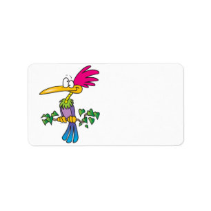 Étiquette caricature d'oiseau exotique extravagant
