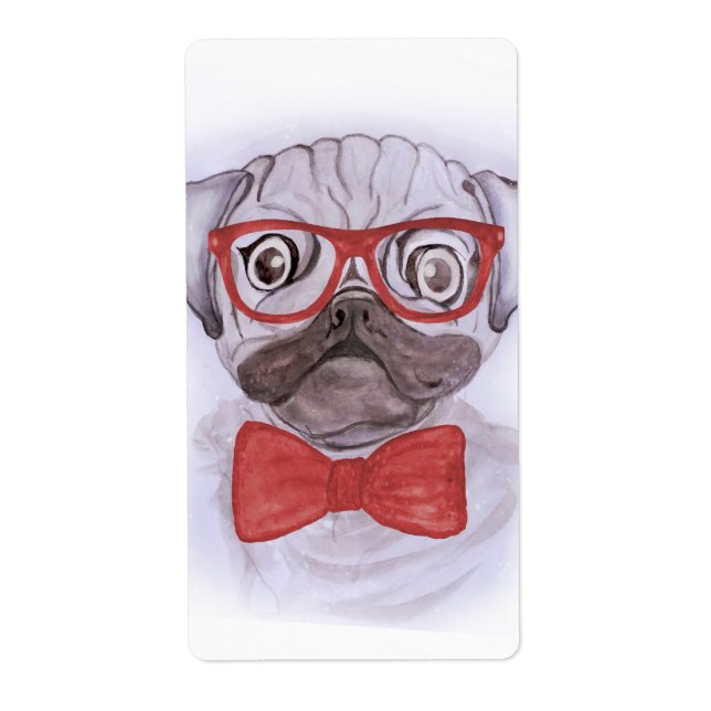 Étiquette Carlin d'aquarelle drôle mignon avec lunettes roug (Devant)