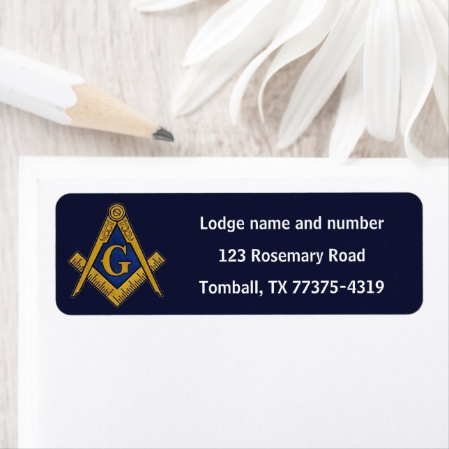 Étiquette Carré maçonnique Freemason et boussole bleu marine (En situation)