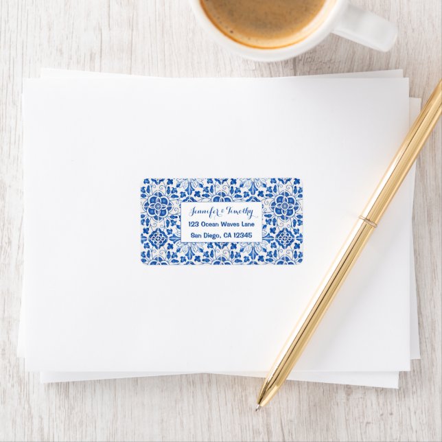 Étiquette Carreaux portugais Mariage bleu méditerranéen (En situation)