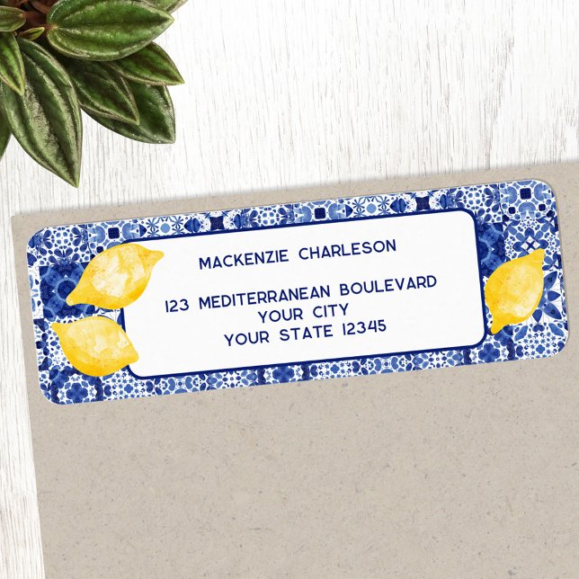Étiquette Carrelage en céramique citron méditerranéen Adress (Modern Mediterranean lemon citrus watercolor blue and white tile personalize return address labels)