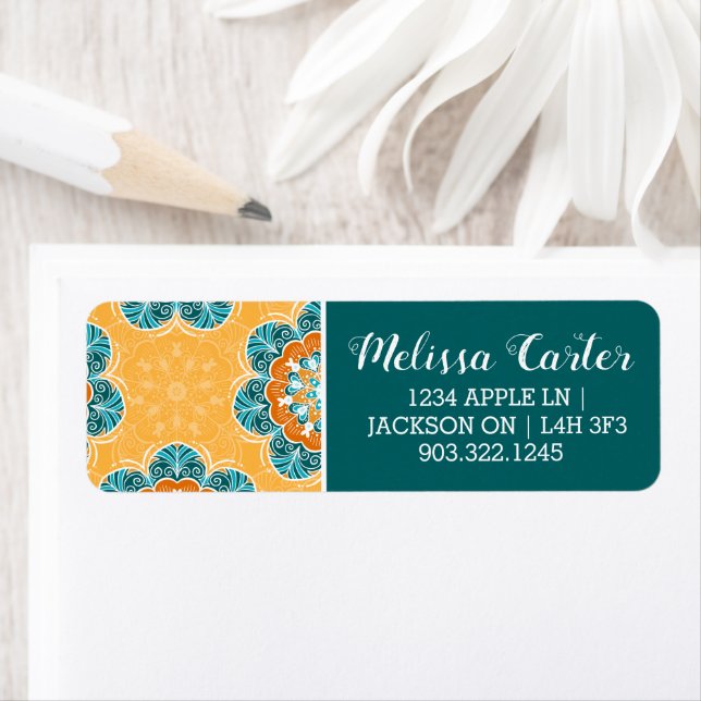 Étiquette Carrelage Mandala floral en Orange et Turquoise (En situation)