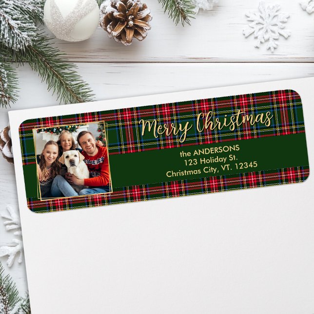 Étiquette Carte de retour Gold Plaid pour Noël moderne (Créateur téléchargé)