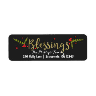 Étiquette Carte de vœux de Noël Blessings Black Gold & Red