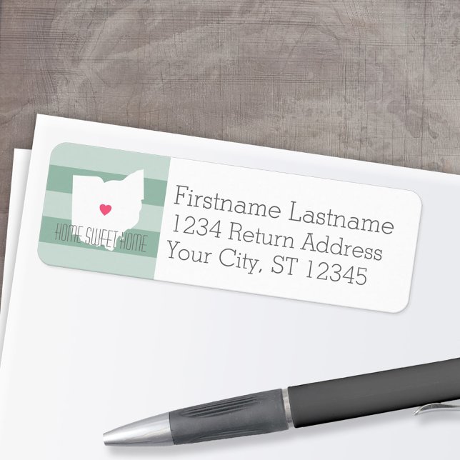 Étiquette Carte Ohio Accueil Amour de l'État avec le coeur p (Personalized Mailing Label with Return Address and State Map - Low Minimum)