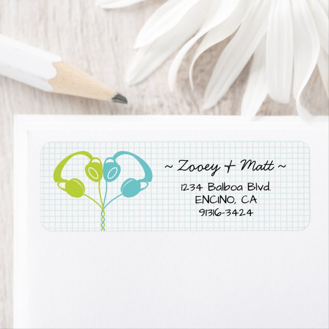 Étiquette Casque Retro Indie Mariage Coeur Lime Blue (En situation)