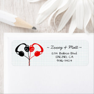 Étiquette Casque rétro Indie Mariage de coeur rouge et noir
