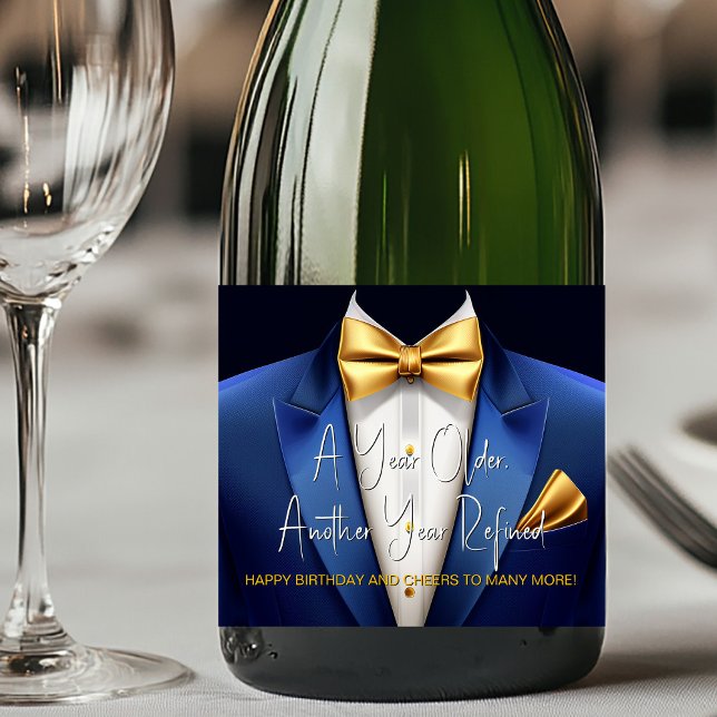 Étiquette Champagne Anniversaire Smoking Bleu Or H (Tuxedo champagne labels. Personalize with your text, logo, image, etc., for your event.)
