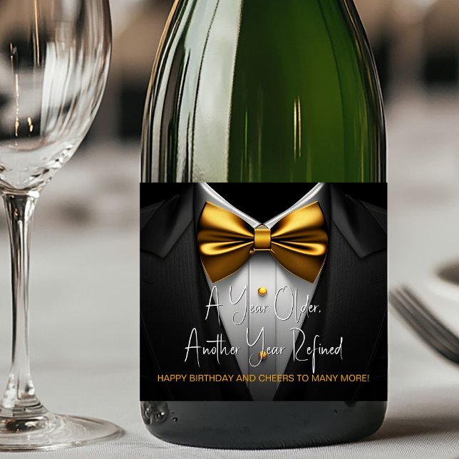 Étiquette Champagne Anniversaire Smoking Noir Or H (Tuxedo champagne labels. You can change the text, upload your logo, photo, etc., to personalize.)
