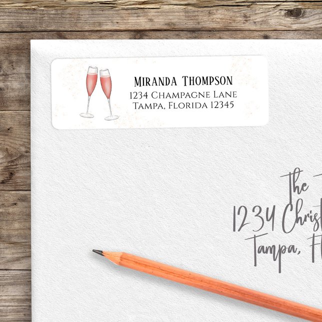 Étiquette Champagne Rose Shower de Mariage Aquarelle (Pink champagne return address label with bubbly champagne artwork. )