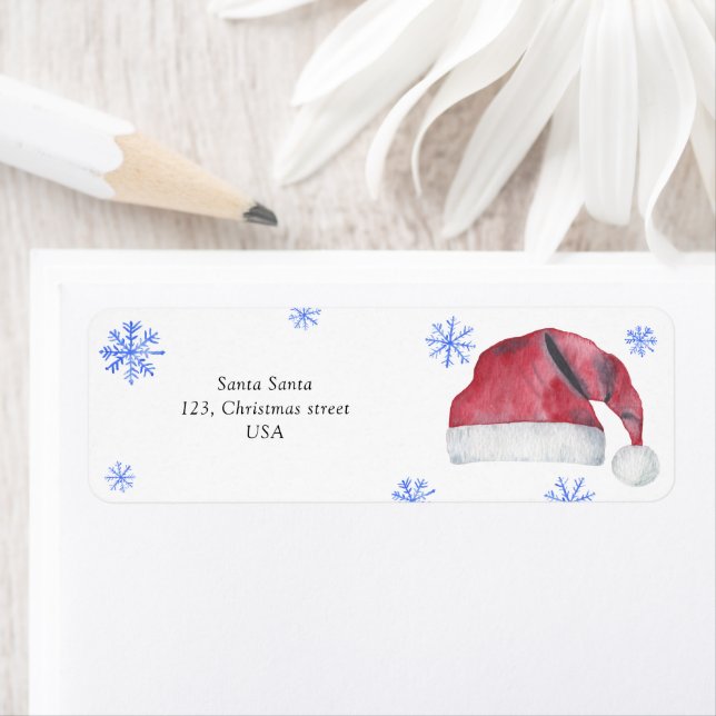 Étiquette Chapeau de Père Noël et flocons de neige (En situation)