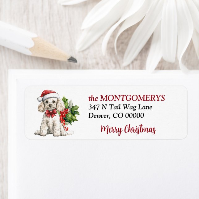 Étiquette Chapeau de Père Noël Jouet Caniche Noël Adresse de (En situation)