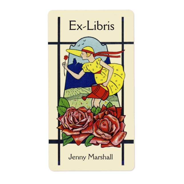 Étiquette Charmante fille déco, rose, bibliothèque de jardin (Devant)
