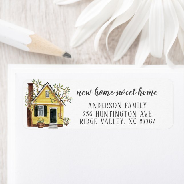 Étiquette Charming Yellow House Home Sweet Home Adresse  (En situation)