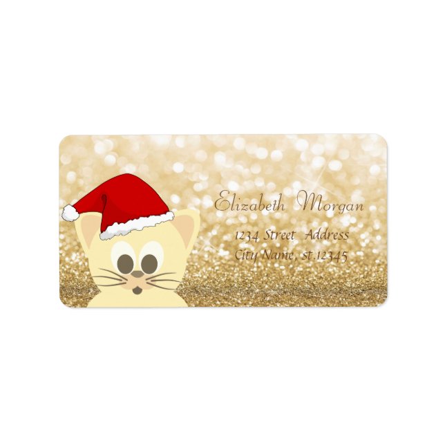 Étiquette Chat adorable avec SantaHat, Glittery Bokeh (Devant)