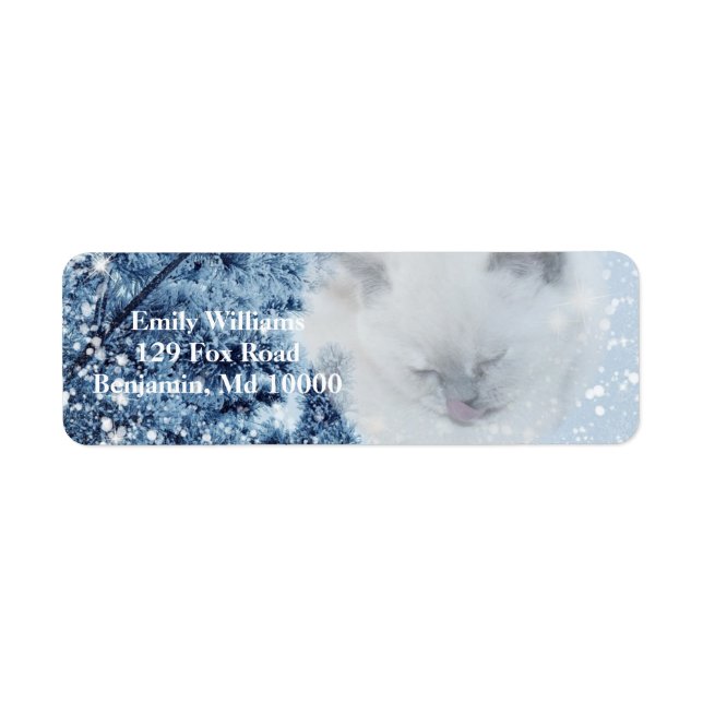 Étiquette Chat blanc confortable Forêt hivernale neige (Devant)