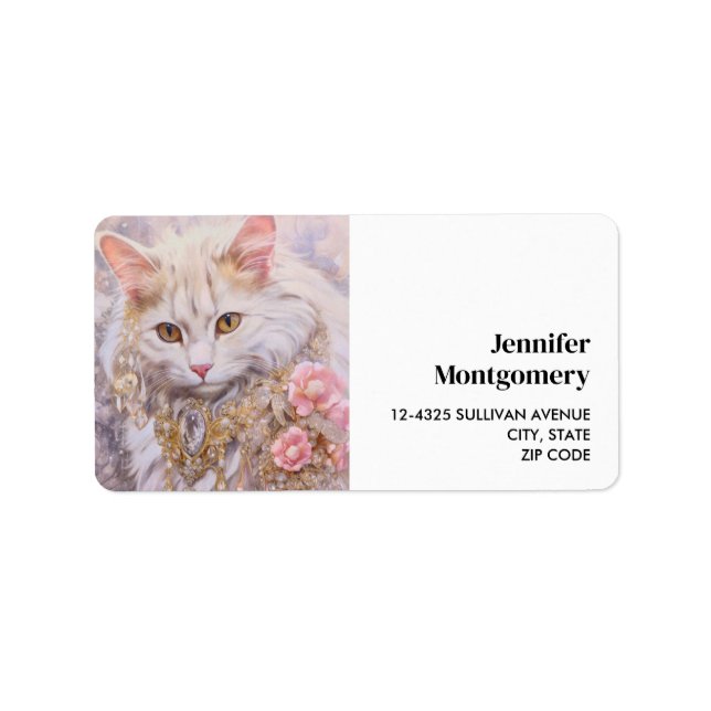 Étiquette Chat blanc élégant en bijoux de luxe (Devant)